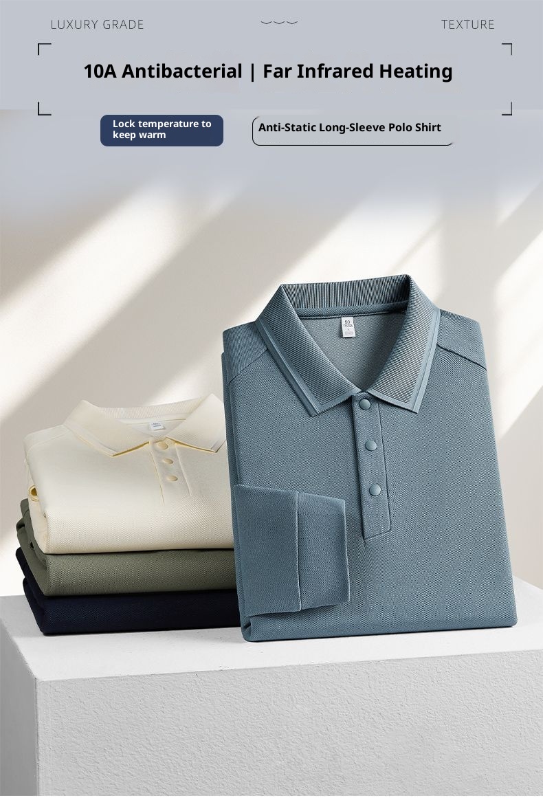 Polohemd für Herren aus Maulbeerseide und Wolle, langärmlig, schlicht, einfarbig, mit Umlegekragen_voghion.com