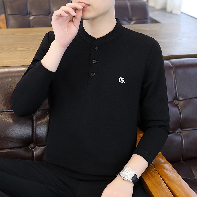 QFV507045555501<2 Data Style Maglietta a maniche lunghe da uomo con colletto cubano, tre bottoni e perline, autunno 2024, nuovo strato di base_voghion.com