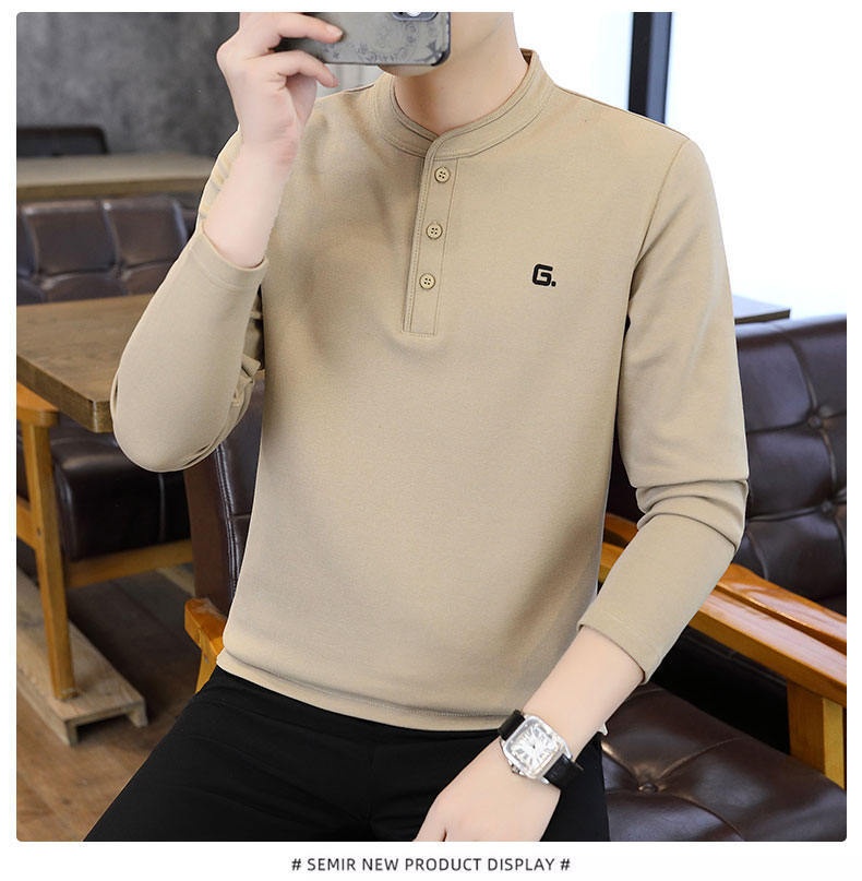 QFV507045555501<2 Data Style Maglietta a maniche lunghe da uomo con colletto cubano, tre bottoni e perline, autunno 2024, nuovo strato di base_voghion.com