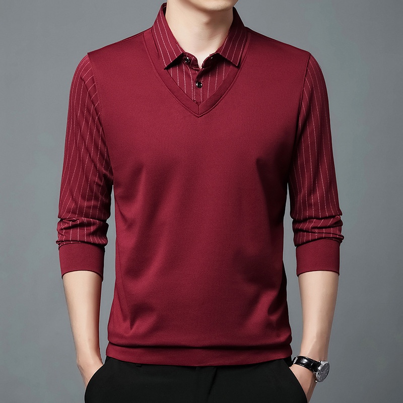 Ensemble deux pièces garçon, chemise courte, t-shirt à col, manches longues, pull tricoté printemps automne, sous-vêtement ample style papa_voghion.com