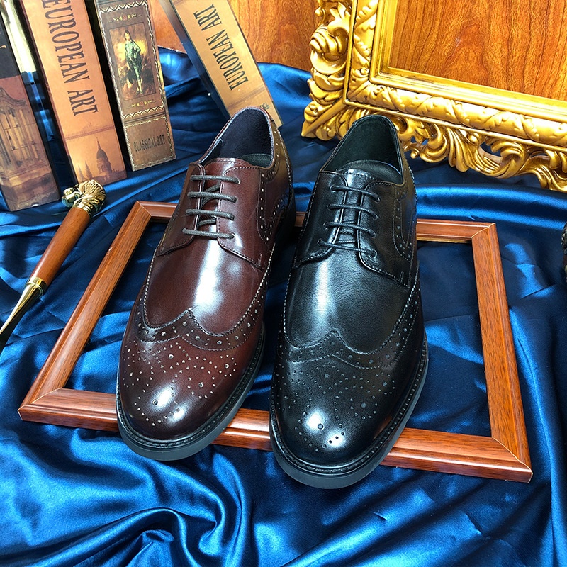Voyage First Layer Soft Sole Business Formal Brogue Carved British Retro Small Round Toe Men's Cowhide Wedding Shoes_voghion.com
