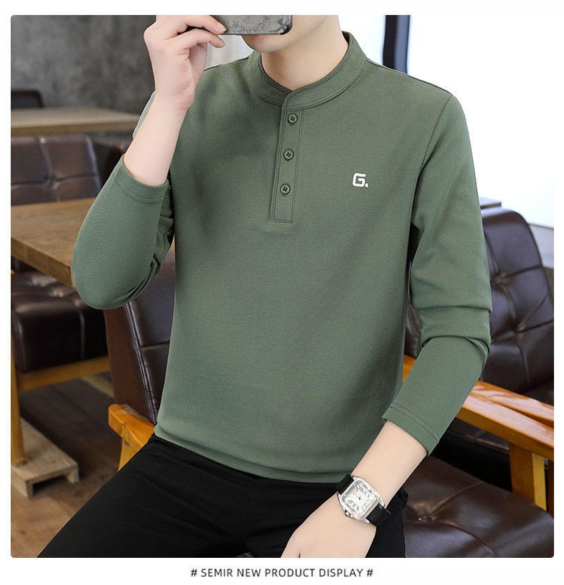 QFV507045555501<2 Data Style Maglietta a maniche lunghe da uomo con colletto cubano, tre bottoni e perline, autunno 2024, nuovo strato di base_voghion.com