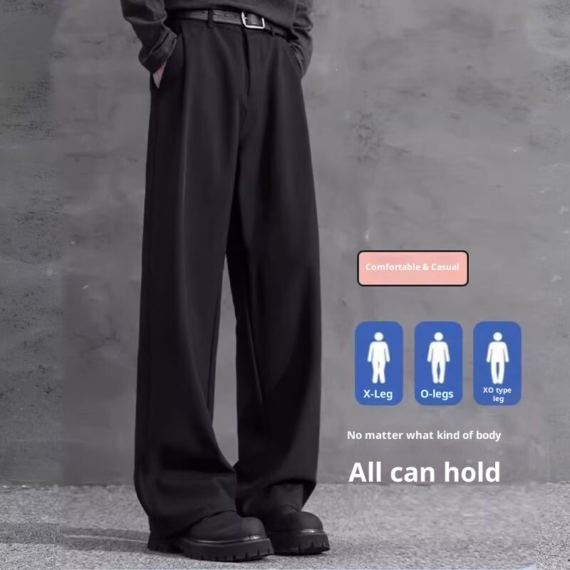 jongen Zwarte rechte losse jurk voor heren met gedrapeerd effect Zomer ijs zijde casual Amerikaanse stijl hoge taille pak broek_voghion.com