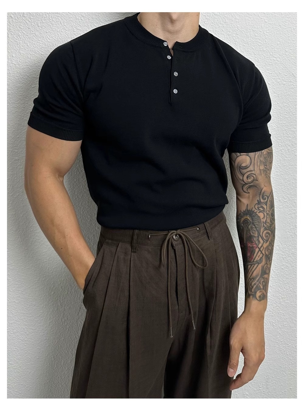 QFV507045555501<2 Henry Collar Short Sleeve Knitted Shirt For Men Summer Ice Silk Breathable Slim Fit Muscle-Showing Business European And_voghion.com