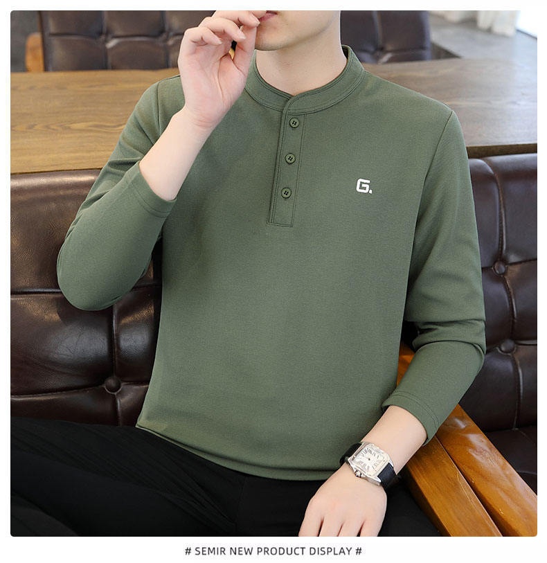 QFV507045555501<2 Data Style Maglietta a maniche lunghe da uomo con colletto cubano, tre bottoni e perline, autunno 2024, nuovo strato di base_voghion.com