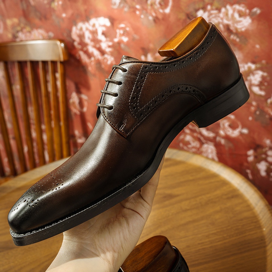 Voyage Voyage Gao - Source Factory Brogue Leather Business Formal Cowhide Men's Small Square Toe Derby Shoes_voghion.com