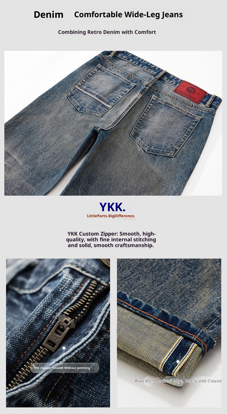 Jean homme rouge à oreilles, coupe ample, droit, extensible, décontracté, délavé, automne-hiver._voghion.com