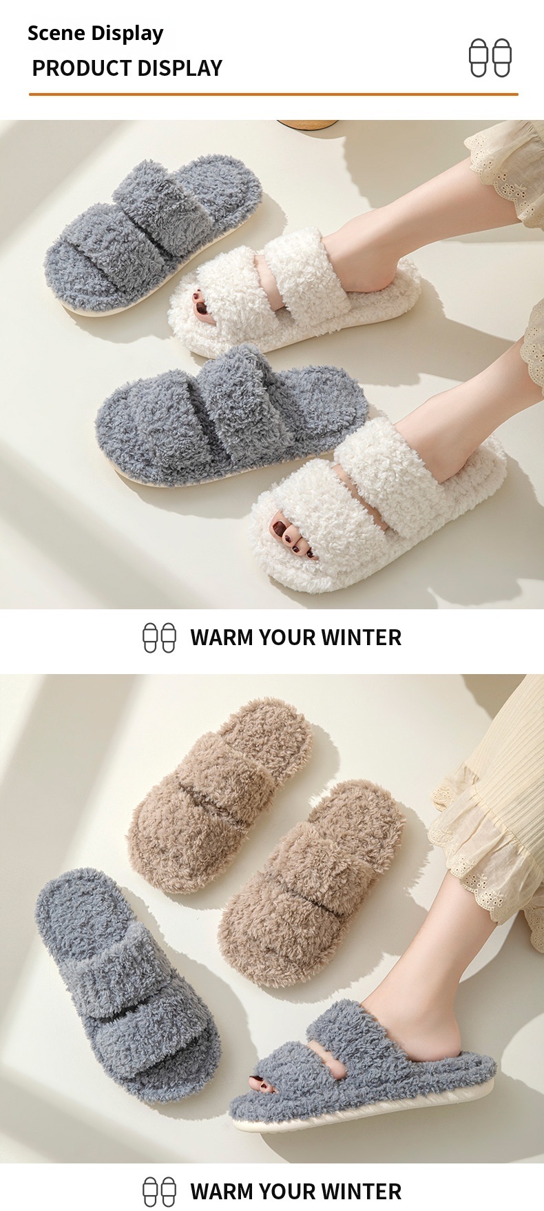 Pantoufles d'intérieur Zees Cross-Border INS à double barre en coton peluche pour femmes, bout ouvert, vente en gros_voghion.com