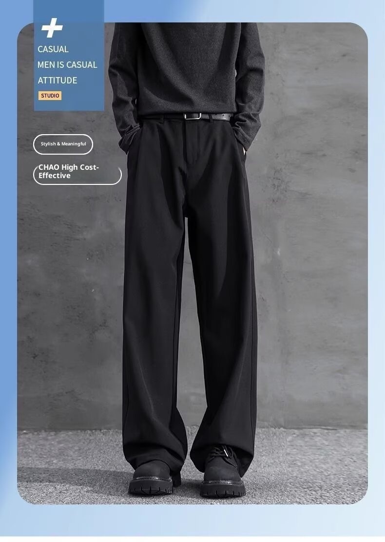 jongen Zwarte rechte losse jurk voor heren met gedrapeerd effect Zomer ijs zijde casual Amerikaanse stijl hoge taille pak broek_voghion.com