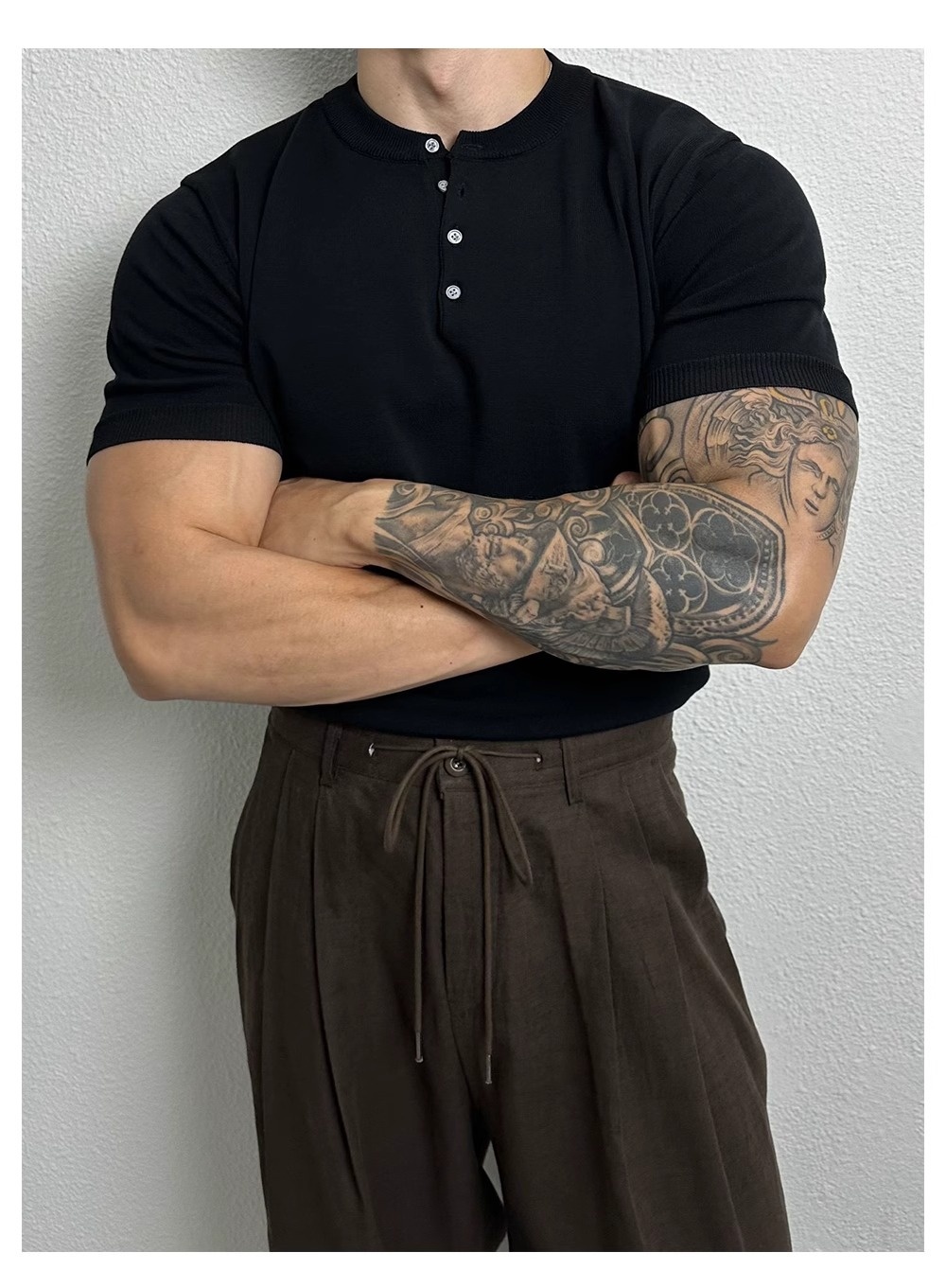 QFV507045555501<2 Henry Collar Short Sleeve Knitted Shirt For Men Summer Ice Silk Breathable Slim Fit Muscle-Showing Business European And_voghion.com