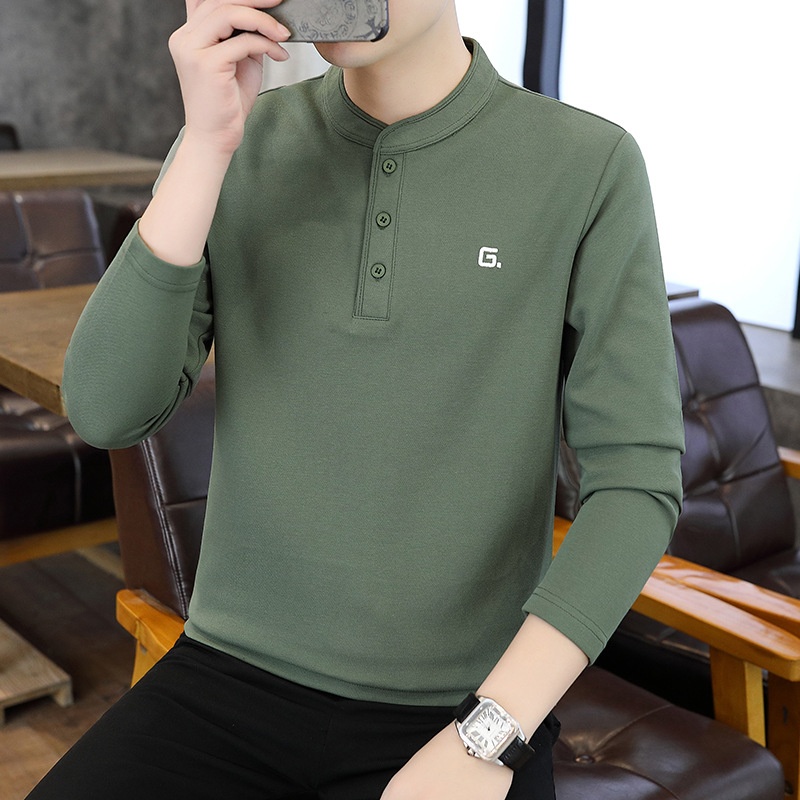 QFV507045555501<2 Data Style Maglietta a maniche lunghe da uomo con colletto cubano, tre bottoni e perline, autunno 2024, nuovo strato di base_voghion.com