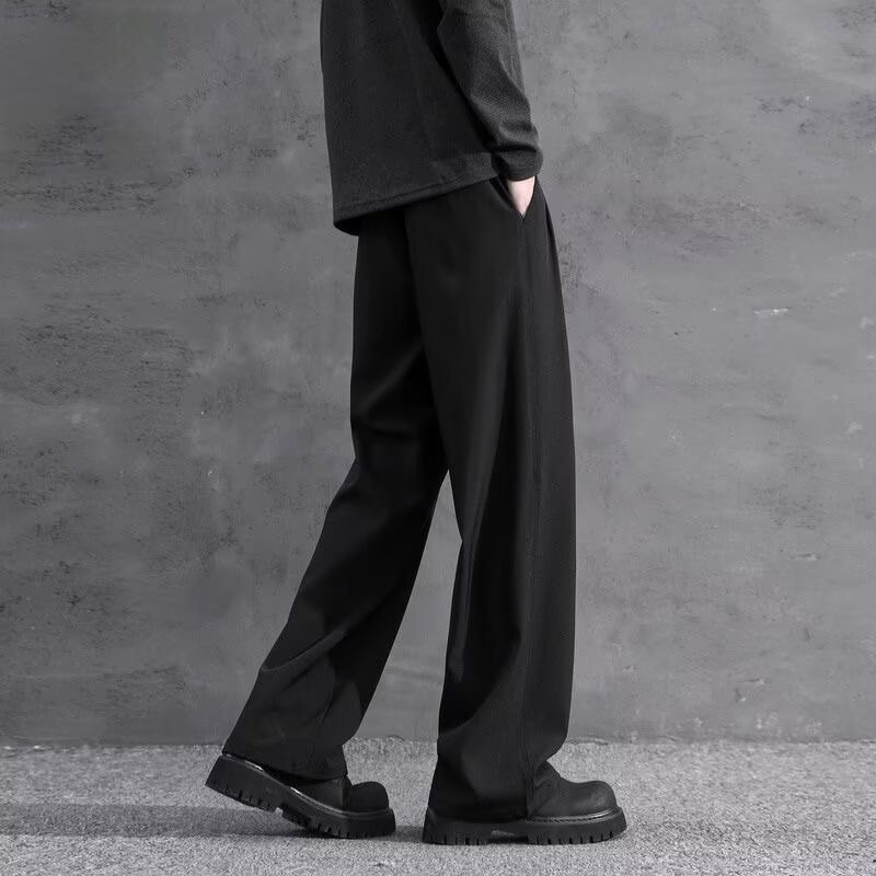 jongen Zwarte rechte losse jurk voor heren met gedrapeerd effect Zomer ijs zijde casual Amerikaanse stijl hoge taille pak broek_voghion.com