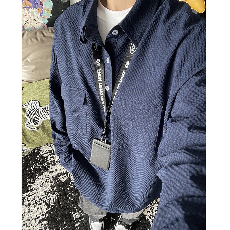 Koszulka polo z długim rękawem w kolorze granatowym z gazy bąbelkowej dla mężczyzn, wysokiej jakości, stylowa i wygodna, robocza_voghion.com