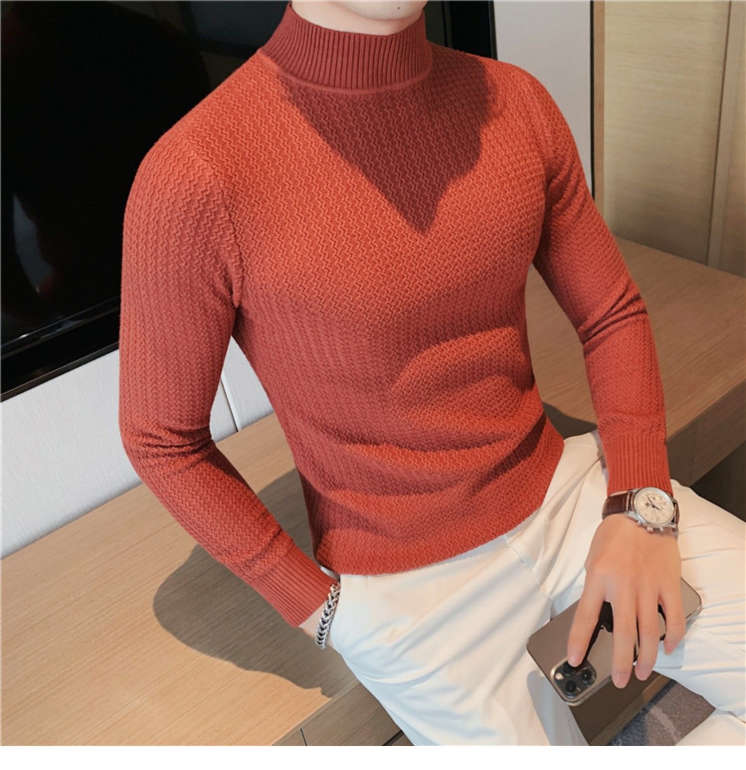 boy Boy Boy Half Turtleneck Sweater Autumn Winter 2023 New Hot High-end Mid-neck Knitted Base Shirt Men's Style_voghion.com