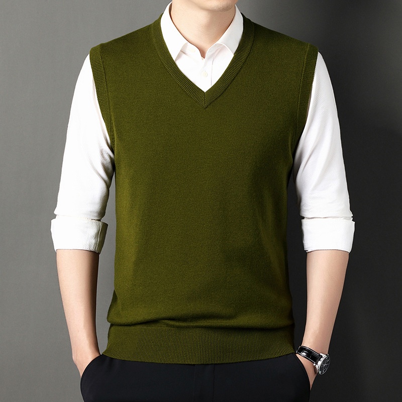 boy Boy Boy Boy Autumn Winter Wool Knitted Men's V-Neck Base Shirt Dad's Sleeveless Vest Sweater Casual Style_voghion.com