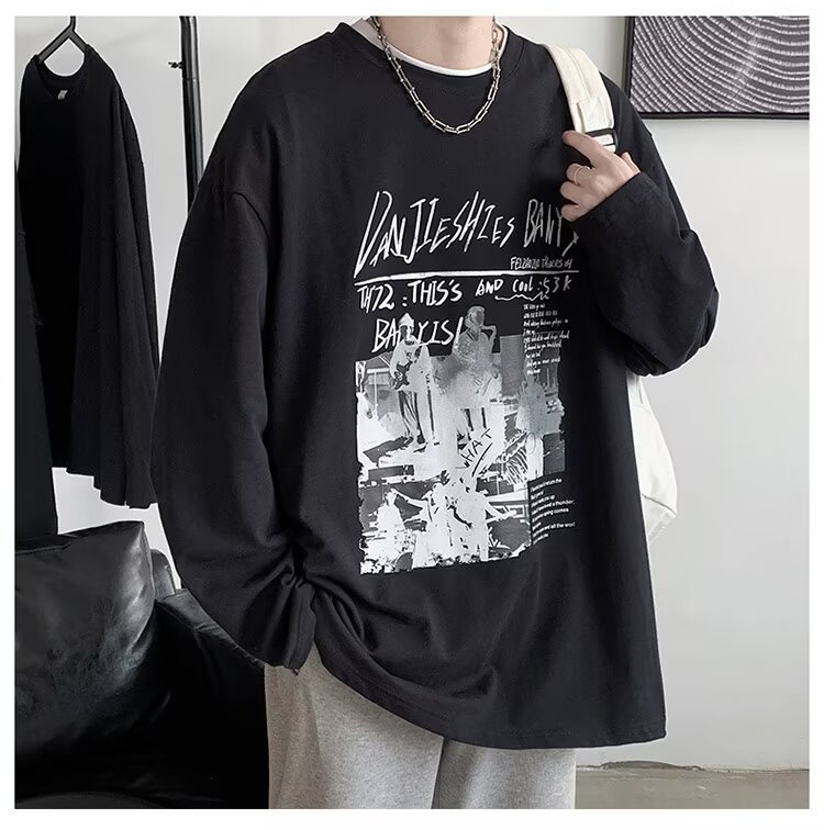 QFV507045555501<2 Maglietta a maniche lunghe da uomo European Street, maglietta interna retrò americana, base larga pesante primaverile e autunnale_voghion.com