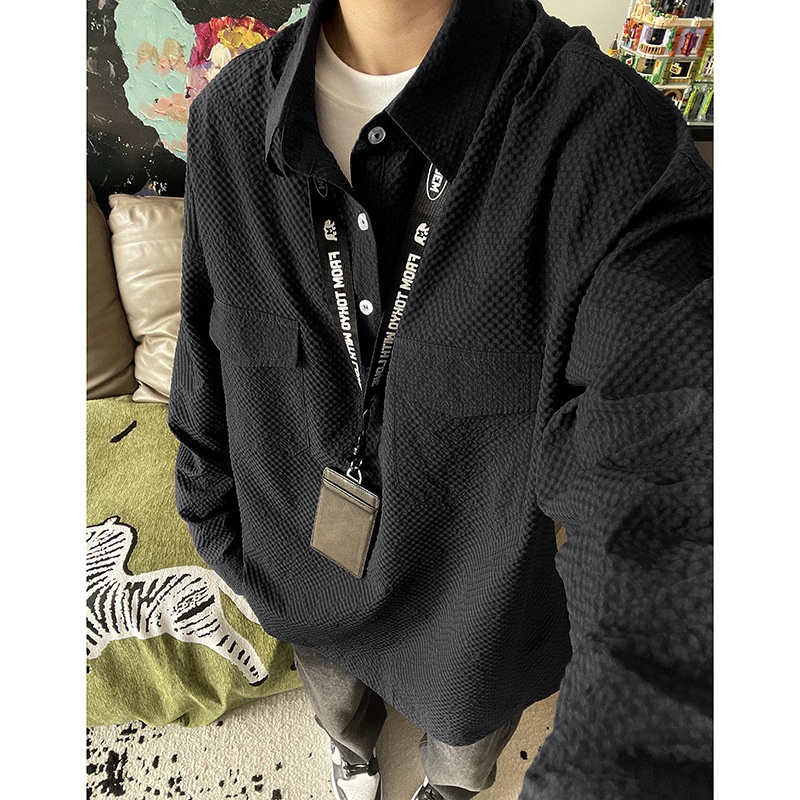 Koszulka polo z długim rękawem w kolorze granatowym z gazy bąbelkowej dla mężczyzn, wysokiej jakości, stylowa i wygodna, robocza_voghion.com