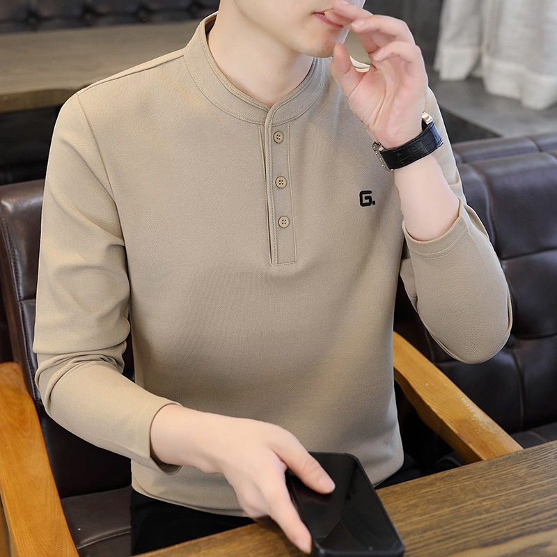 QFV507045555501<2 Data Style Maglietta a maniche lunghe da uomo con colletto cubano, tre bottoni e perline, autunno 2024, nuovo strato di base_voghion.com