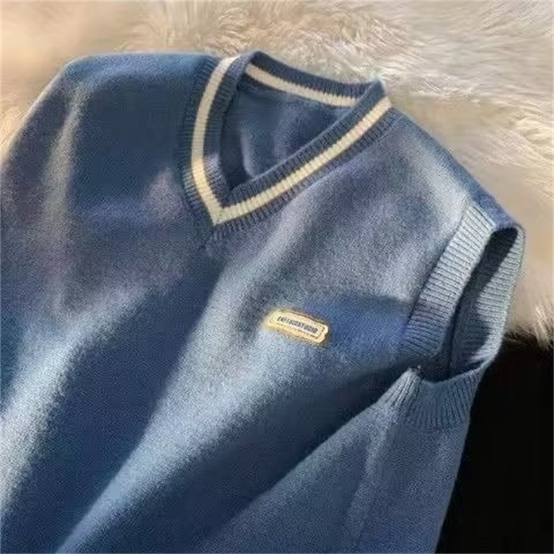 Maglione da uomo in stile college con scollo a V e blocchi di colore, vestibilità ampia, lavorato a maglia, alla moda, senza maniche, per coppia, autunno e inverno_voghion.com
