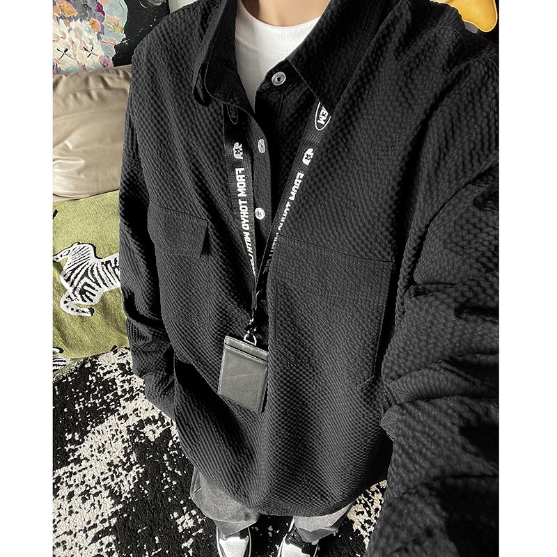 Koszulka polo z długim rękawem w kolorze granatowym z gazy bąbelkowej dla mężczyzn, wysokiej jakości, stylowa i wygodna, robocza_voghion.com