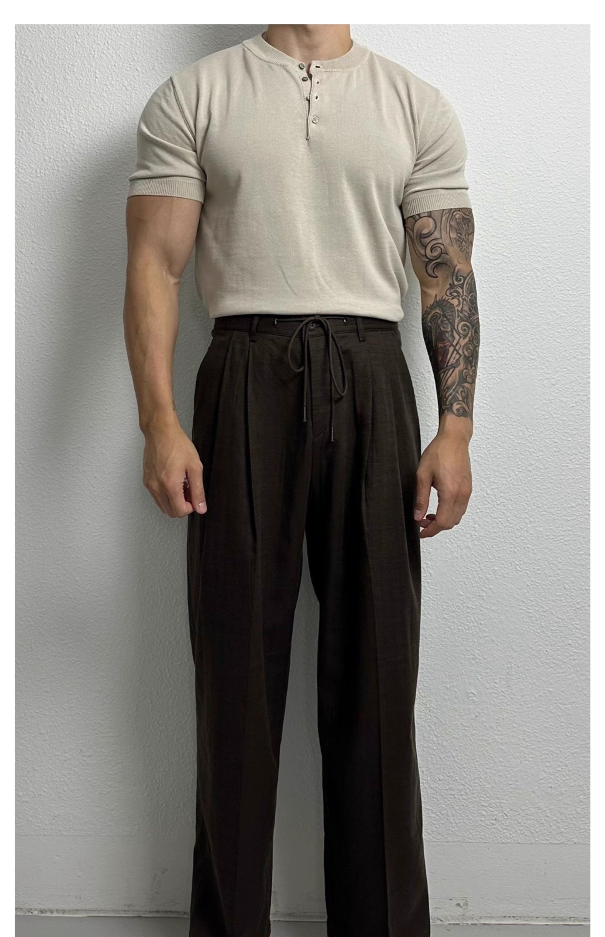 QFV507045555501<2 Henry Collar Short Sleeve Knitted Shirt For Men Summer Ice Silk Breathable Slim Fit Muscle-Showing Business European And_voghion.com