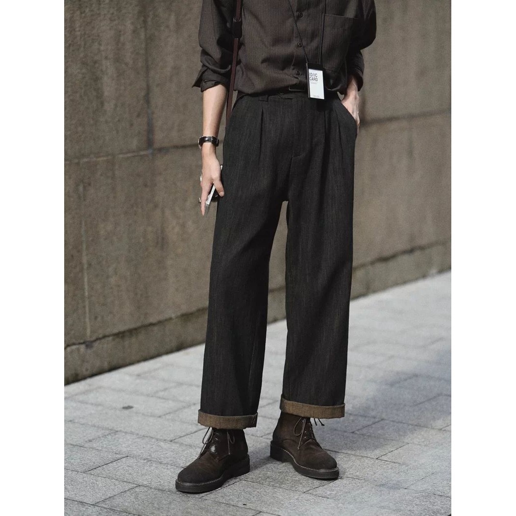 boy Boy Autumn Winter Vintage Jeans Straight Long Black Tea Color Simple Commuting Business Casual Pants Men's In Stock_voghion.com