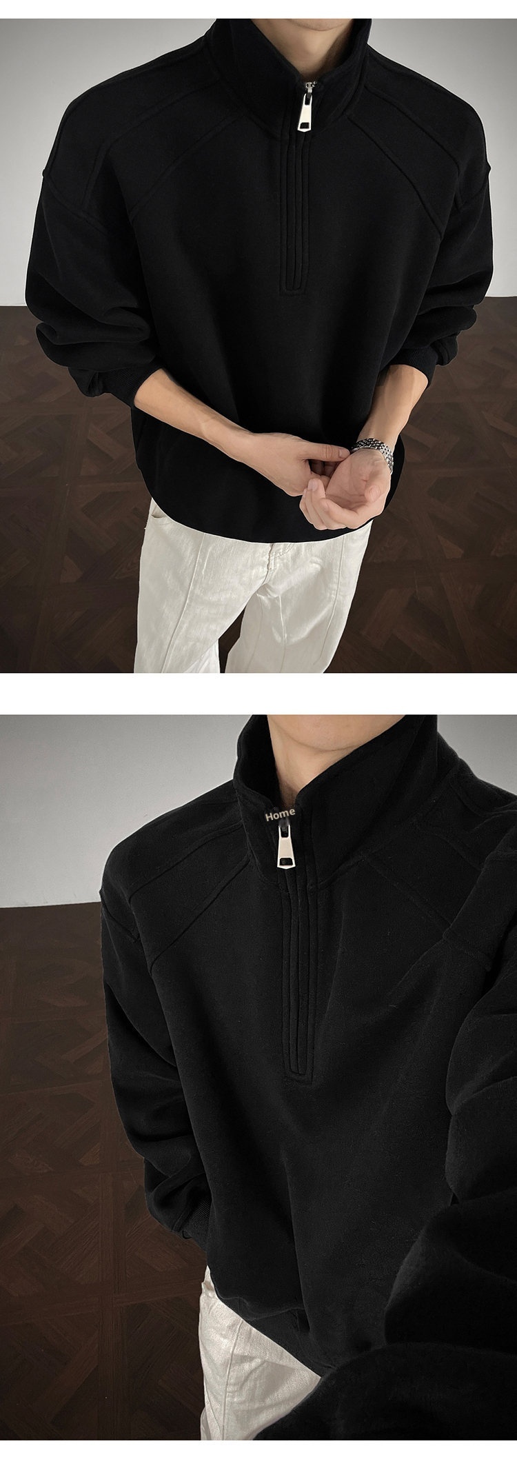 Herren-Sweatshirt im amerikanischen Retro-Stil mit halbem Reißverschluss und Stehkragen, locker geschnitten, Herbst 2025, Modell Heavy Loose Couple Jacket_voghion.com