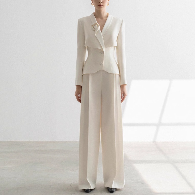 Ensemble tailleur élégant haut de gamme pour femme, pantalon droit, collection printemps-automne 2025, couleur abricot, deux pièces, style professionnel._voghion.com