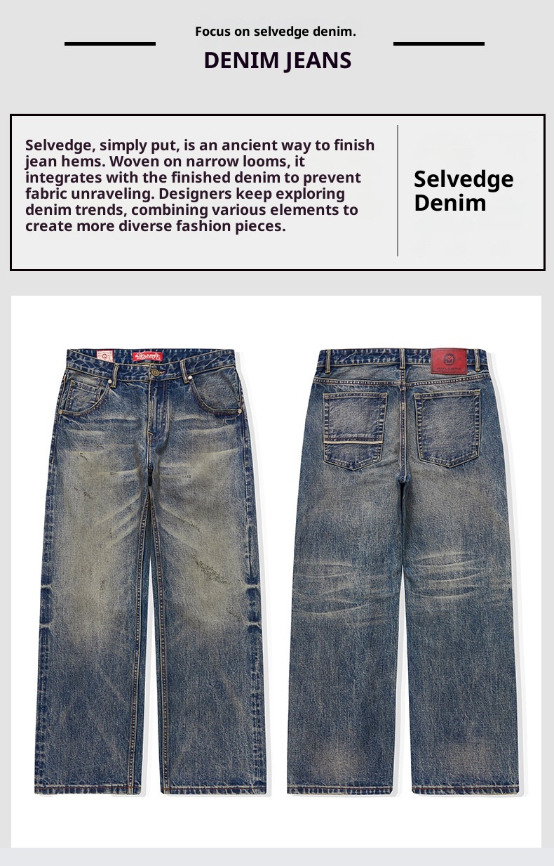 Jean homme rouge à oreilles, coupe ample, droit, extensible, décontracté, délavé, automne-hiver._voghion.com