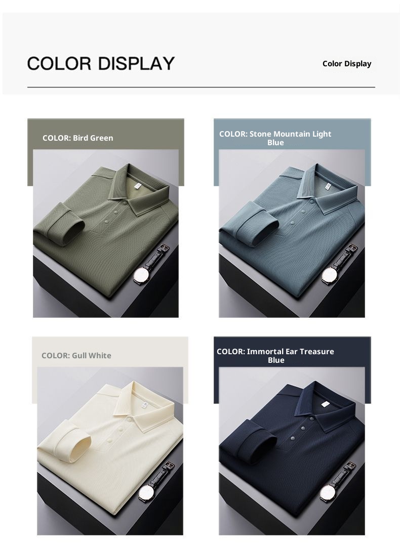 Polohemd für Herren aus Maulbeerseide und Wolle, langärmlig, schlicht, einfarbig, mit Umlegekragen_voghion.com