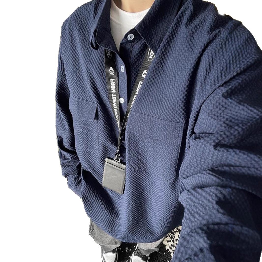 Koszulka polo z długim rękawem w kolorze granatowym z gazy bąbelkowej dla mężczyzn, wysokiej jakości, stylowa i wygodna, robocza_voghion.com