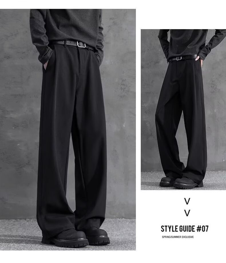 jongen Zwarte rechte losse jurk voor heren met gedrapeerd effect Zomer ijs zijde casual Amerikaanse stijl hoge taille pak broek_voghion.com