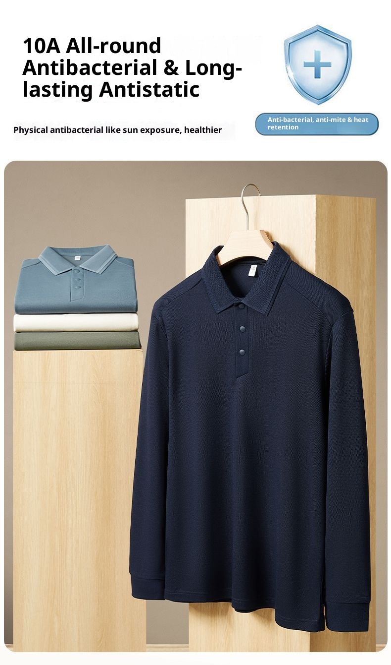 Polohemd für Herren aus Maulbeerseide und Wolle, langärmlig, schlicht, einfarbig, mit Umlegekragen_voghion.com