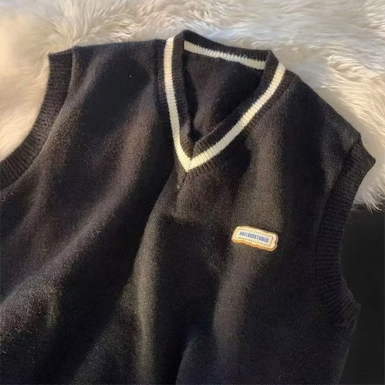 Maglione da uomo in stile college con scollo a V e blocchi di colore, vestibilità ampia, lavorato a maglia, alla moda, senza maniche, per coppia, autunno e inverno_voghion.com