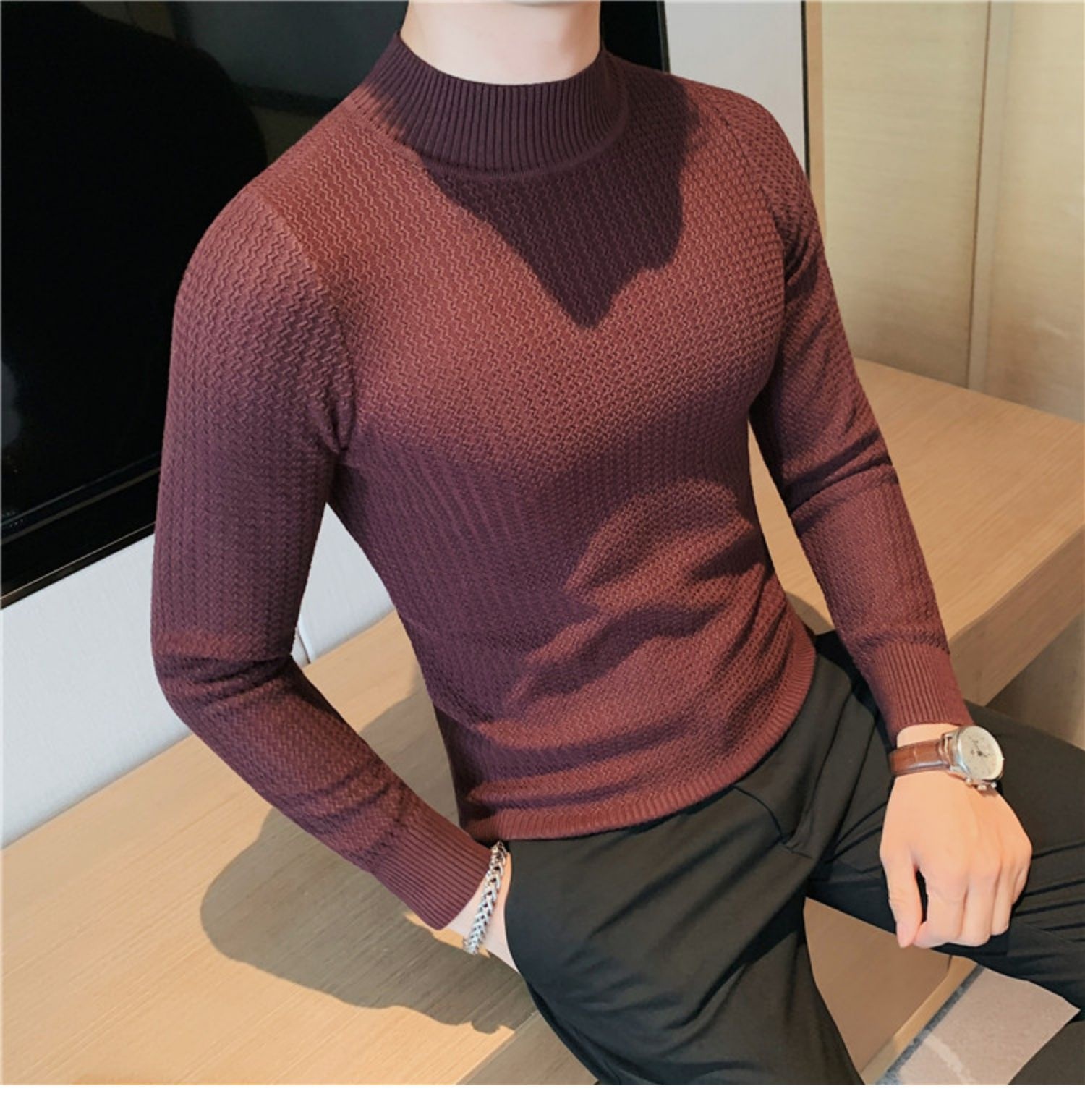 boy Boy Boy Half Turtleneck Sweater Autumn Winter 2023 New Hot High-end Mid-neck Knitted Base Shirt Men's Style_voghion.com