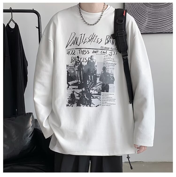 QFV507045555501<2 Maglietta a maniche lunghe da uomo European Street, maglietta interna retrò americana, base larga pesante primaverile e autunnale_voghion.com