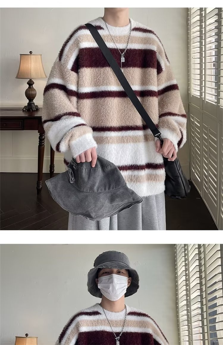 boy Boy Boy Soft Cozy Color-Block Striped Sweater For Men, New Autumn And Winter Round Neck Inner Layer, Warm Loose Base Knit Top_voghion.com