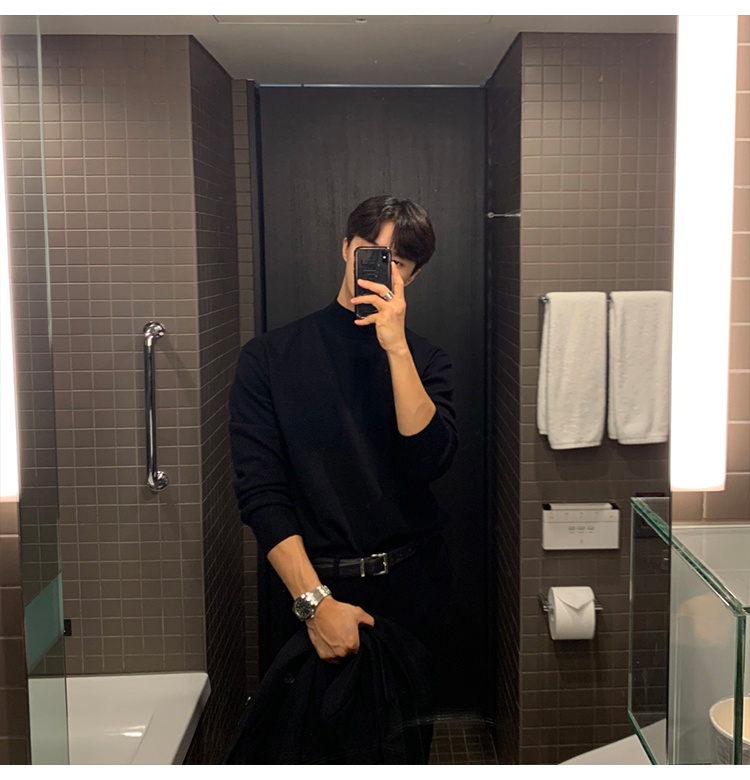 boy Boy Boy Autumn Winter Men's Korean Style Loose Casual Solid Color Mid-Neck Knitted Base Shirt Long Sleeve Inner Layer High-End_voghion.com