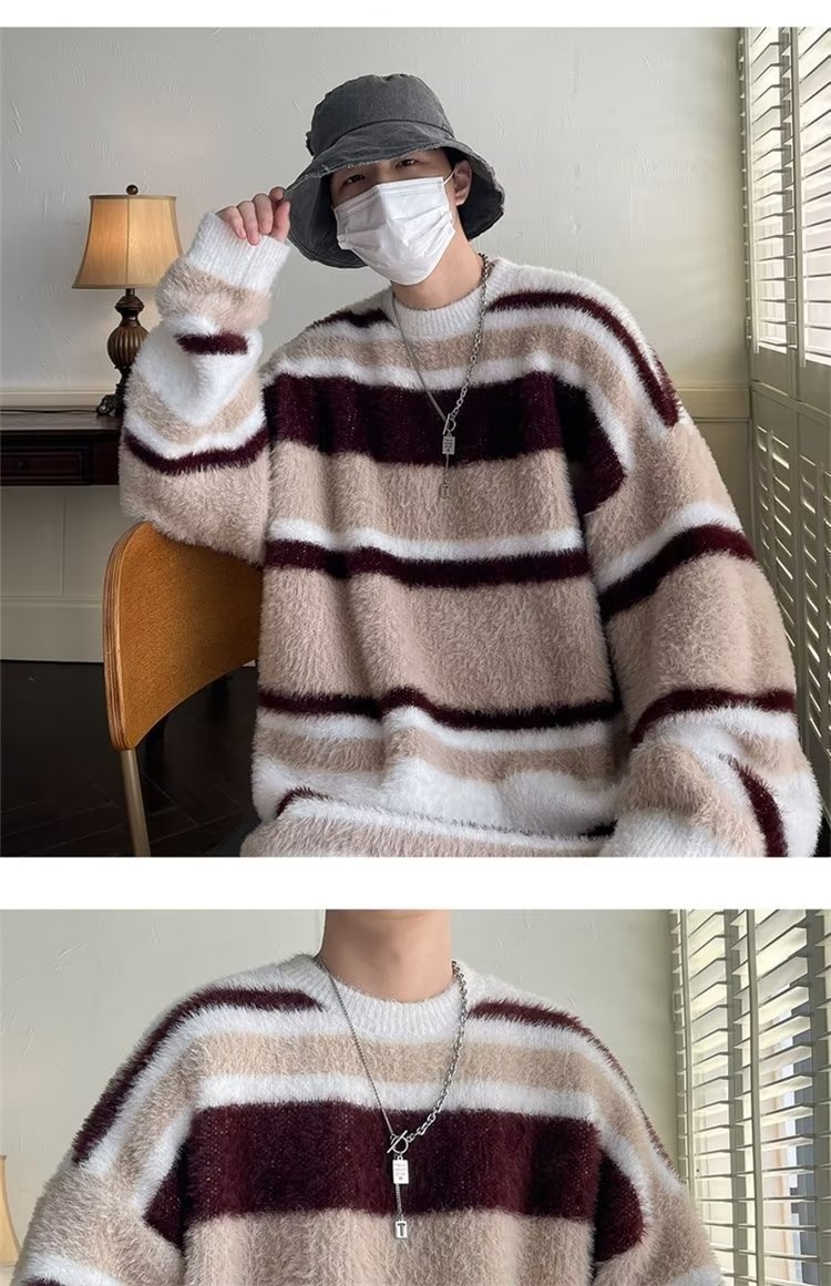 boy Boy Boy Soft Cozy Color-Block Striped Sweater For Men, New Autumn And Winter Round Neck Inner Layer, Warm Loose Base Knit Top_voghion.com