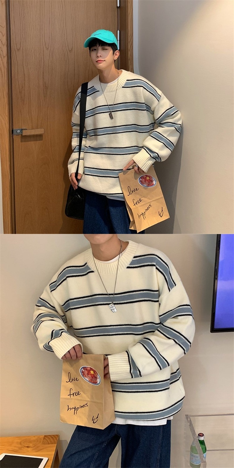 boy Boy Boy Striped Color Block Sweater Men's Autumn Winter Ins High Trend Loose Street Retro Hong Kong Style Round Neck Knitwear_voghion.com
