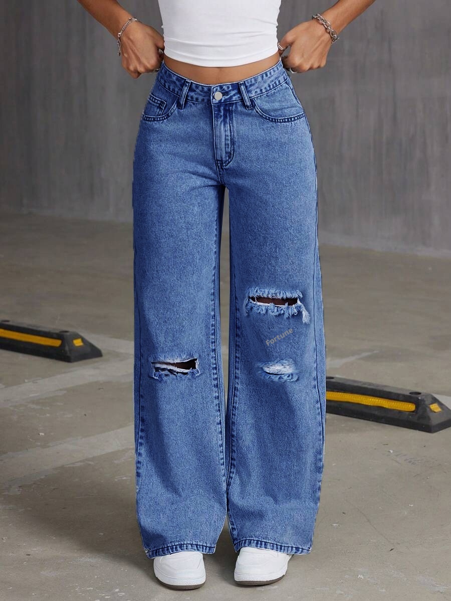 ChicShe 2025 Nieuwe Losse Lichtblauwe Gewassen Wijde Jeans Effen Kleur Lange Broek DAMESJEANS_voghion.com