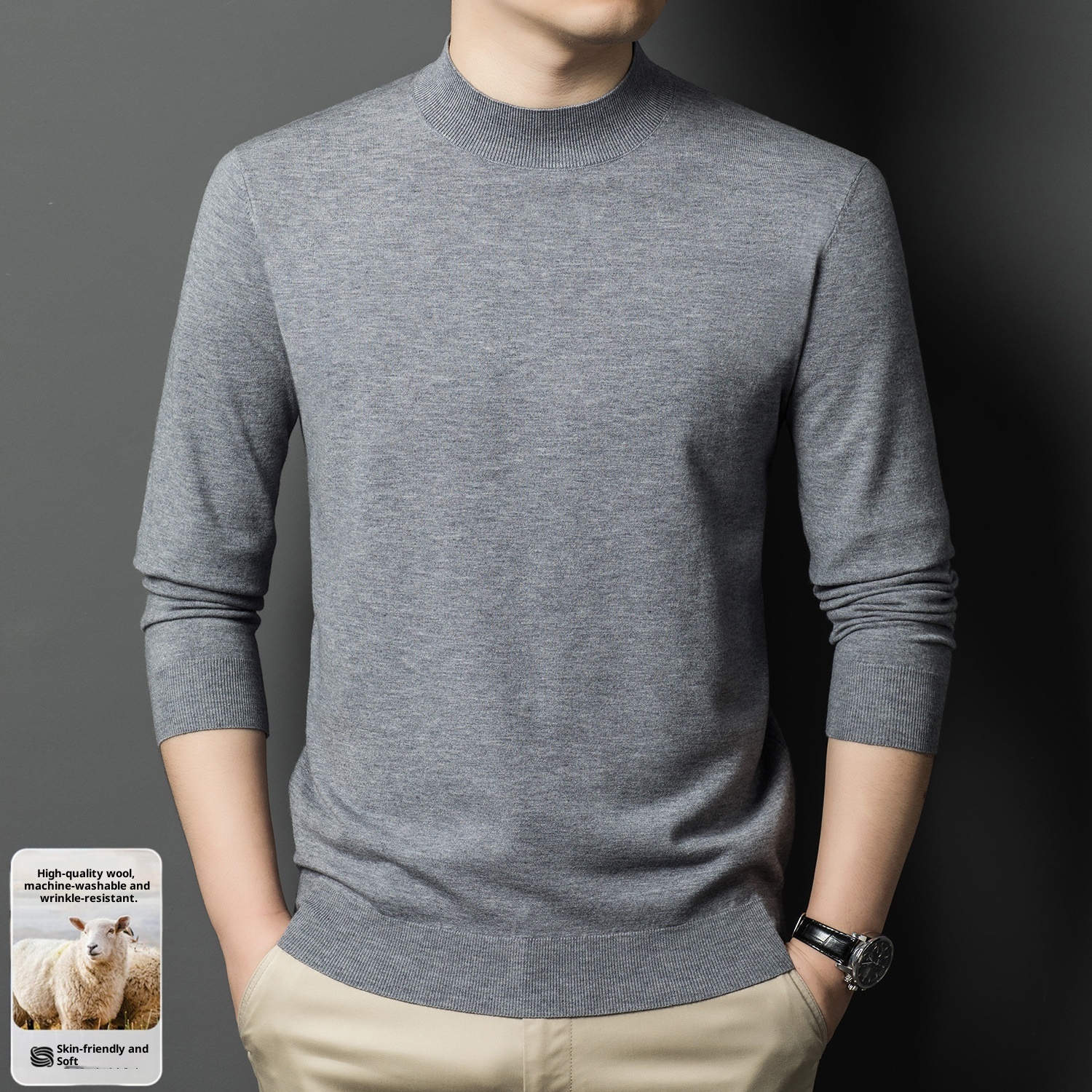 ragazzo Ragazzo Ragazzo Maglia fine a maniche lunghe in lana da uomo, ispessita e calda per autunno e inverno, mezza dolcevita, camicia di base in tinta unita, interno_voghion.com