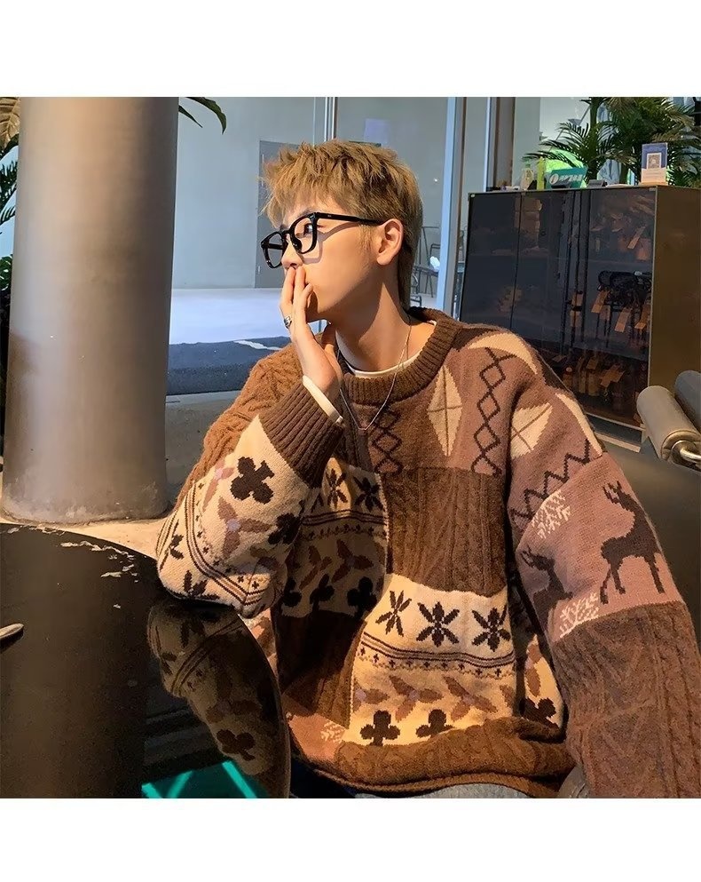 Pull cardigan style rétro américain pour homme, tendance hiver, ample et décontracté, patchwork, color block, maille torsadée_voghion.com