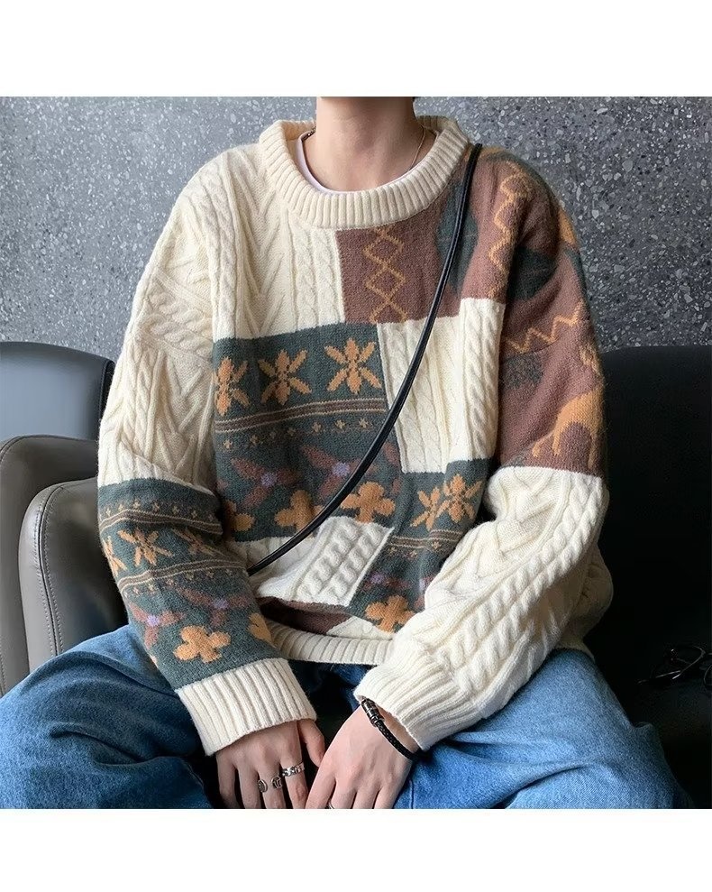 Pull cardigan style rétro américain pour homme, tendance hiver, ample et décontracté, patchwork, color block, maille torsadée_voghion.com