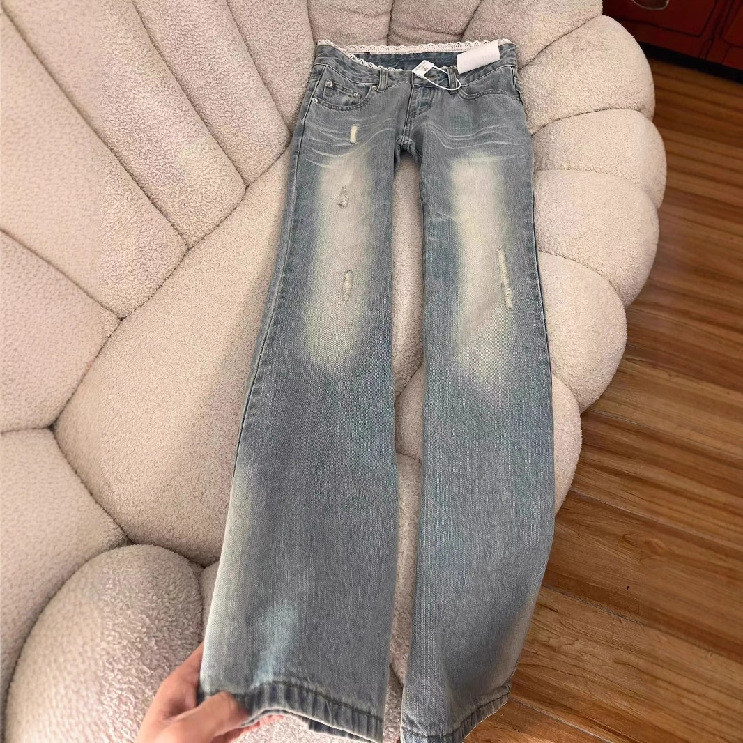 ChicShe Vintage Washed Light Color Jeans For Women Spring And Autumn New Lace Patchwork Low Waist Loose Non-Skinny Flared Pants_voghion.com