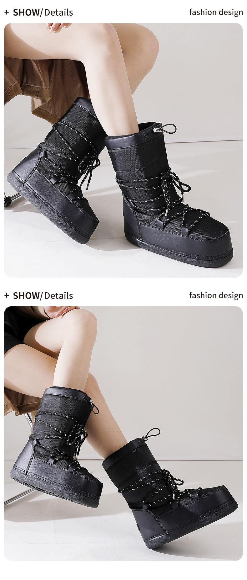 Zees Winter New Outdoor Space Shoes Ski Black Texture Thickened Warm Cool Style Cross-Border Large Size Snow Boots_voghion.com