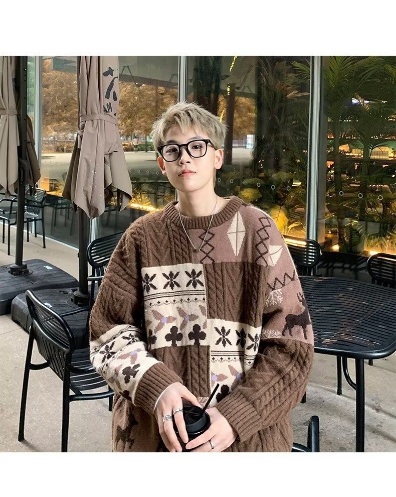 Pull cardigan style rétro américain pour homme, tendance hiver, ample et décontracté, patchwork, color block, maille torsadée_voghion.com