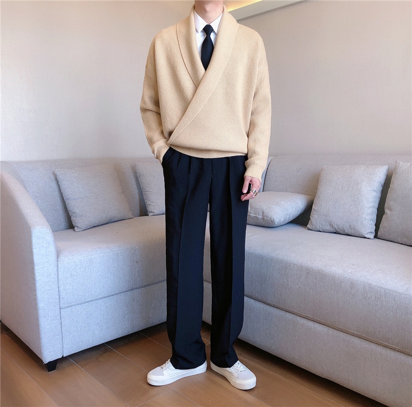 boy Boy Boy South Korea Autumn And Winter Solid Color Large V-Neck Draped Personality Men's Loose Lazy Style Casual Knitted Sweater_voghion.com