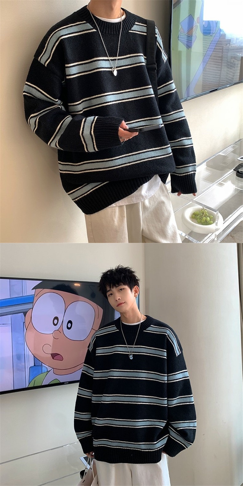 boy Boy Boy Striped Color Block Sweater Men's Autumn Winter Ins High Trend Loose Street Retro Hong Kong Style Round Neck Knitwear_voghion.com
