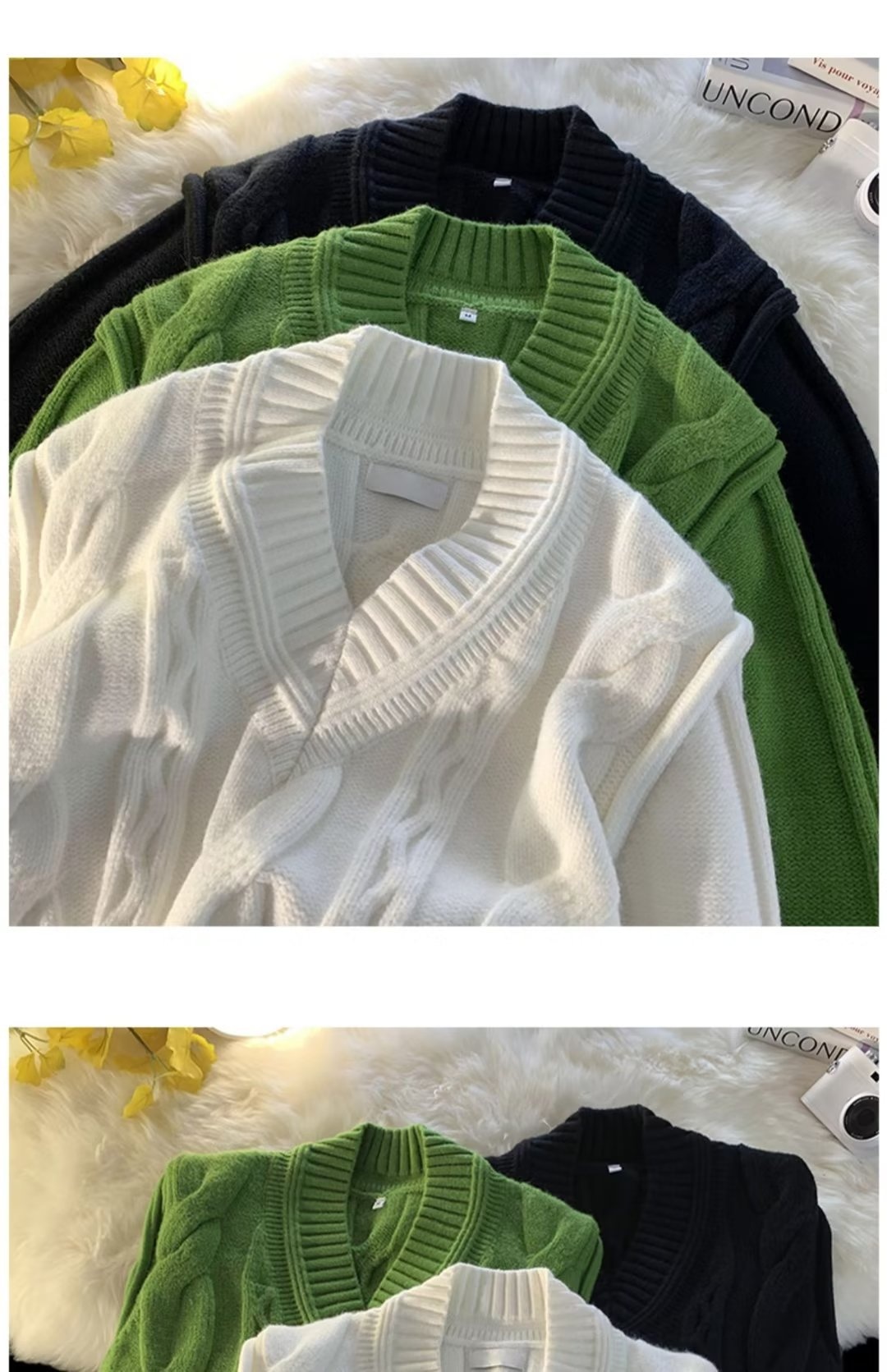 Pull Boy Boy blanc à col en V pour homme, en maille torsadée épaisse et 3D, style rétro tendance et décontracté._voghion.com